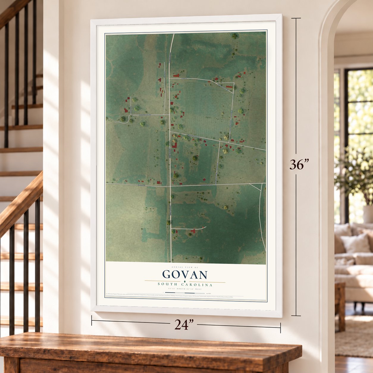 Govan, South Carolina map, 24 x 36 inch print in a white frame by a staircase