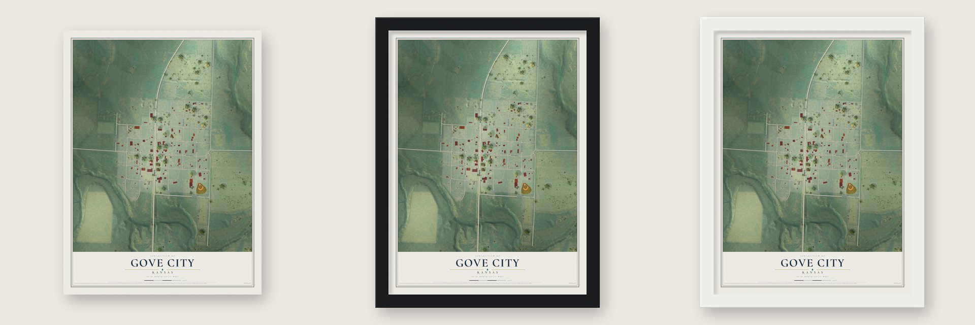 Gove City, Kansas map unframed, in a black wood frame and in a white wood frame