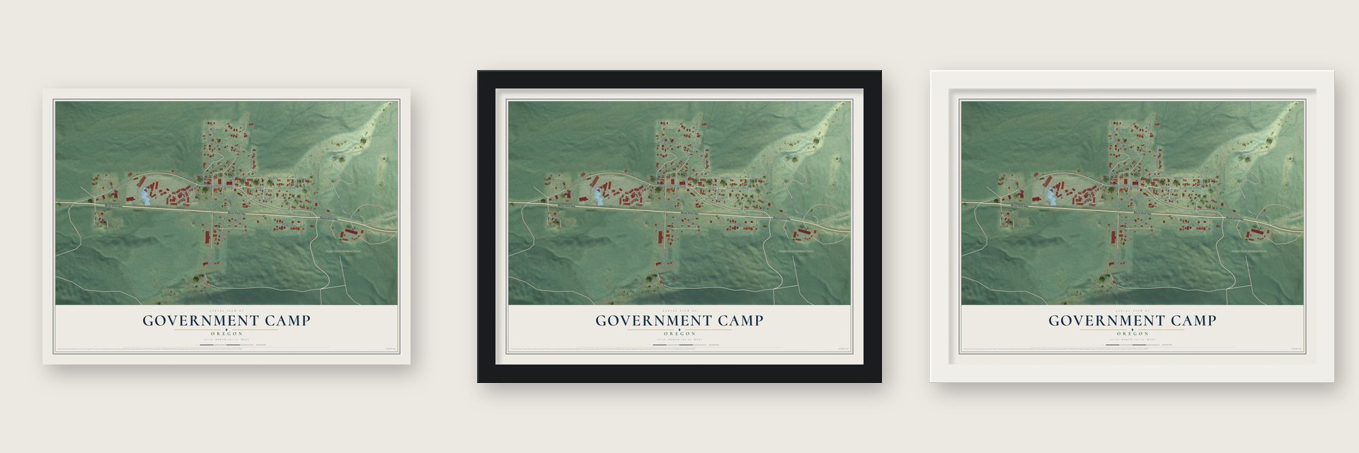 Government Camp, Oregon map unframed, in a black wood frame and in a white wood frame