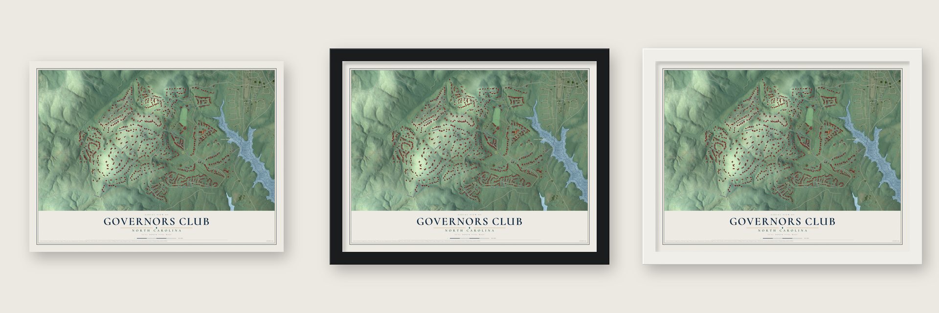 Governors Club, North Carolina map unframed, in a black wood frame and in a white wood frame