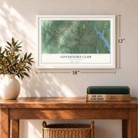 Governors Club, North Carolina map, 12 x 18 inch print in a white frame in an entryway