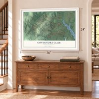 Governors Club, North Carolina map, 24 x 36 inch print in a white frame above a dresser by a staircase