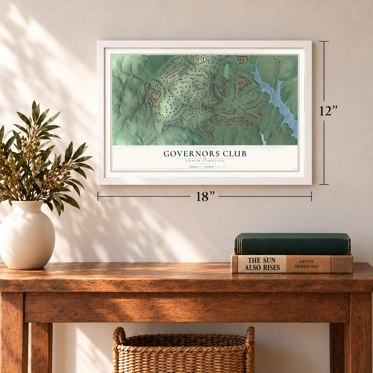 Governors Club, North Carolina map, 12 x 18 inch print in a white frame in an entryway