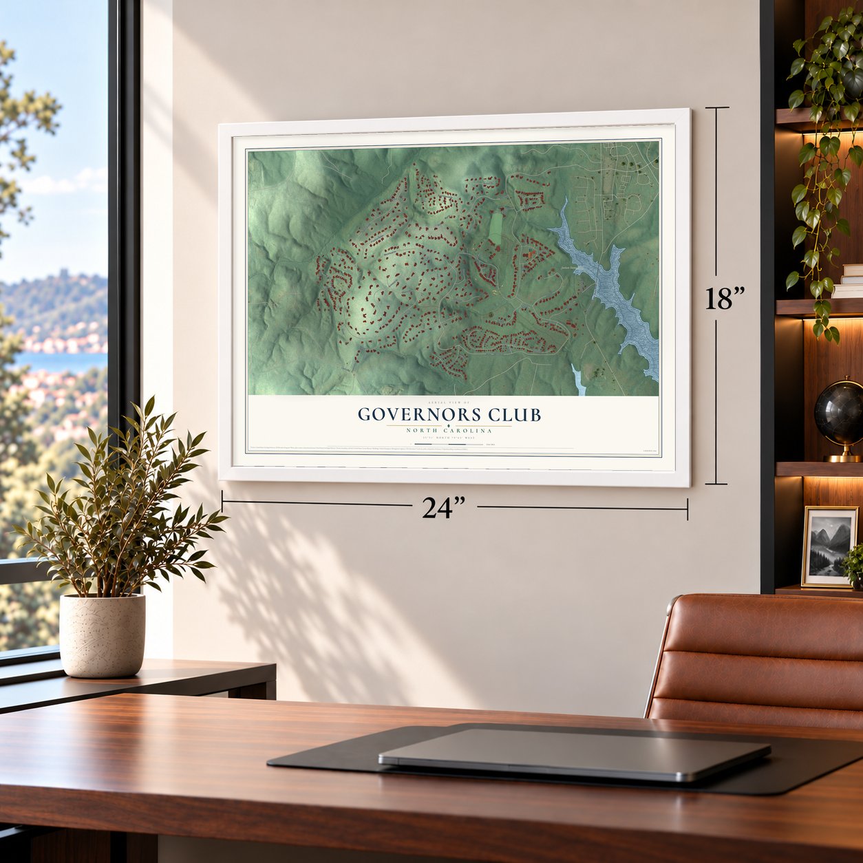 Governors Club, North Carolina map, 18 x 24 inch print in a white frame in a home office