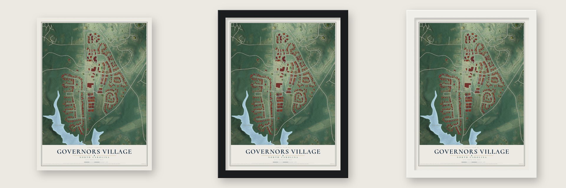 Governors Village, North Carolina map unframed, in a black wood frame and in a white wood frame