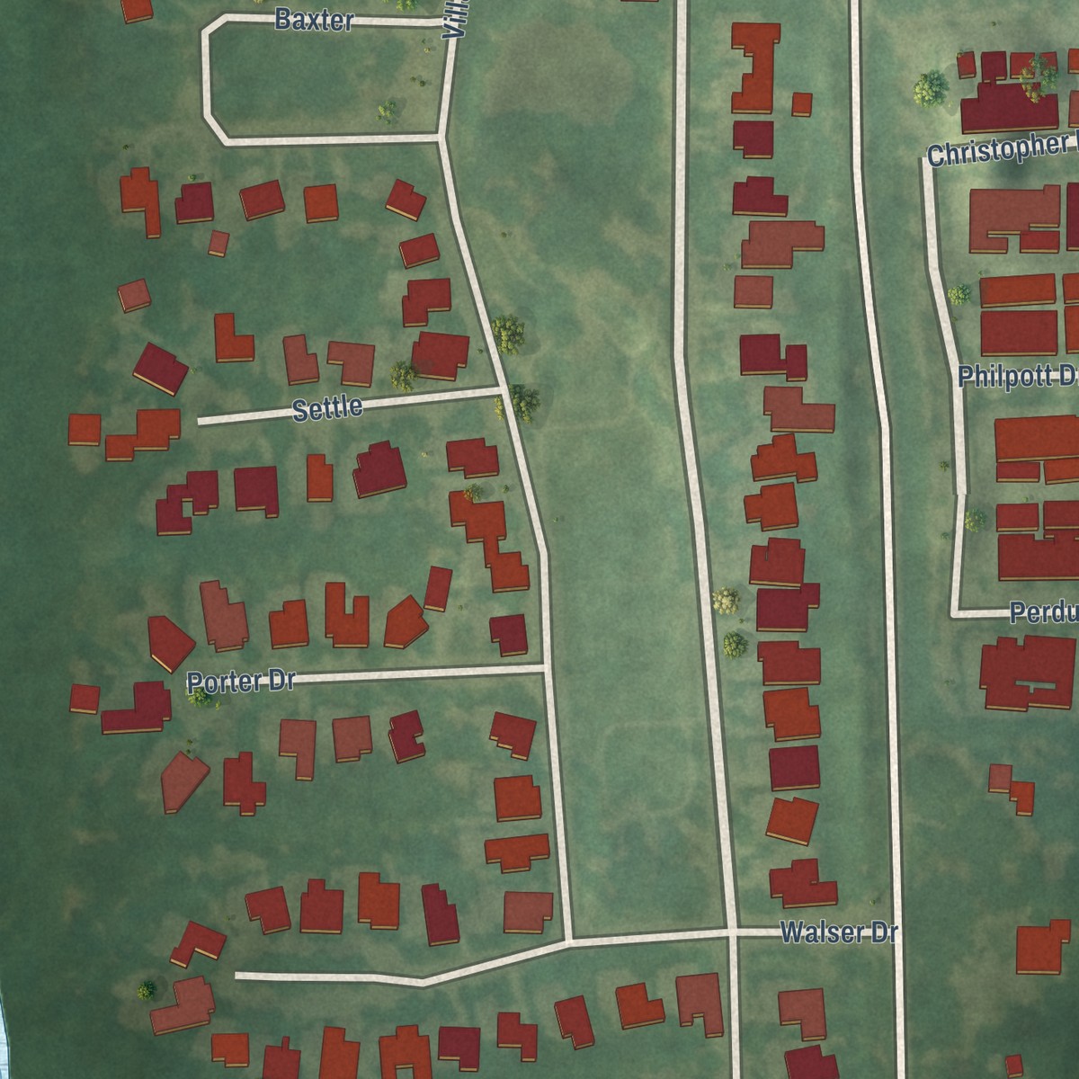 Second close-up of the map of Governors Village, North Carolina print showing more streets and buildings