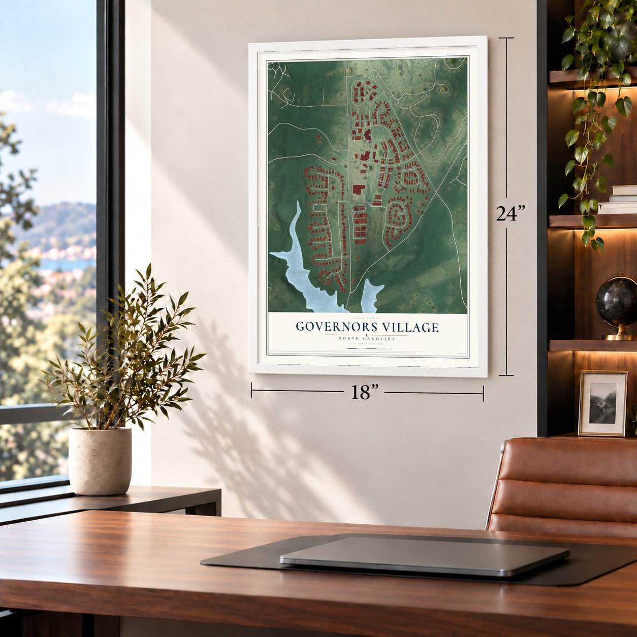 Governors Village, North Carolina map, 18 x 24 inch print in a white frame in a home office
