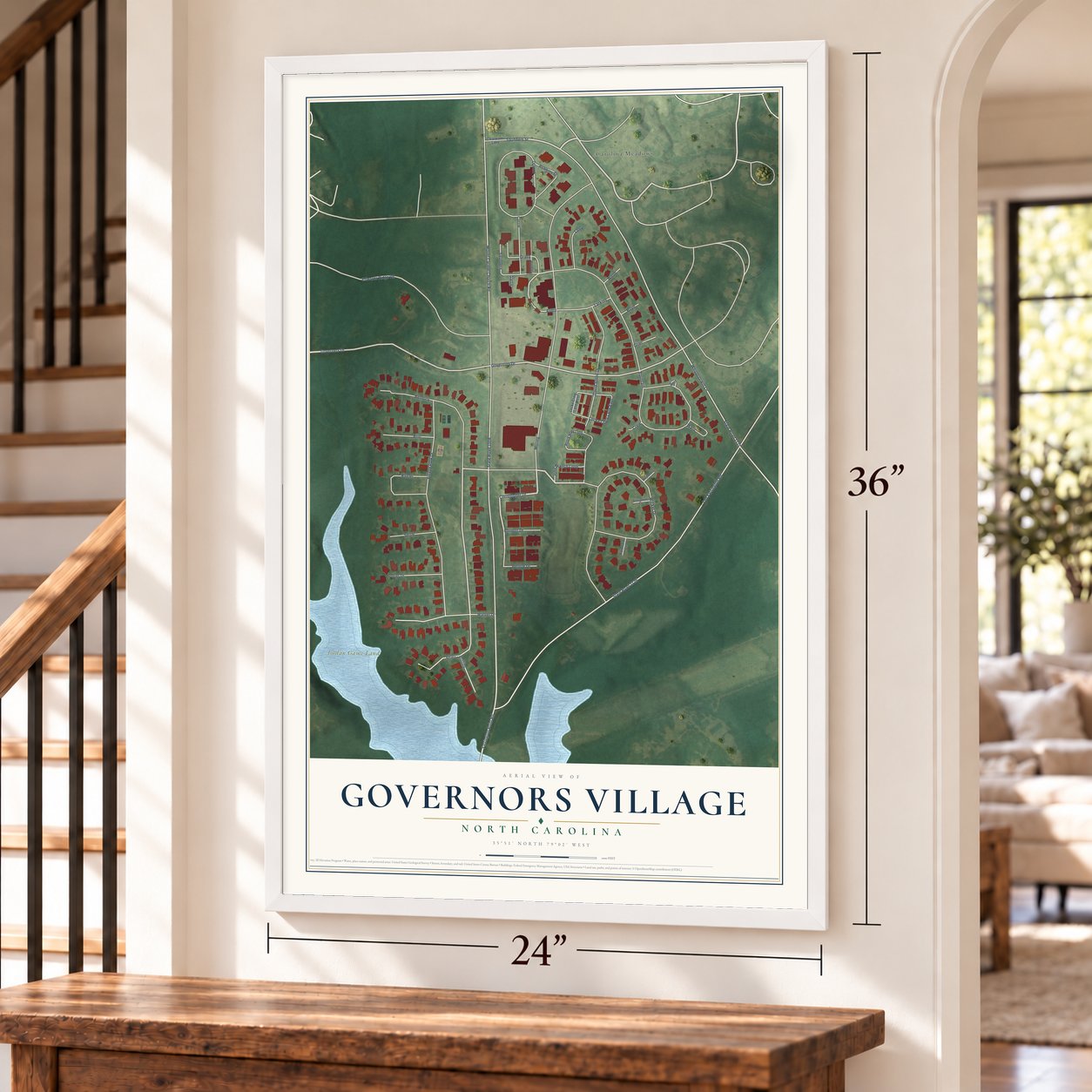 Governors Village, North Carolina map, 24 x 36 inch print in a white frame by a staircase