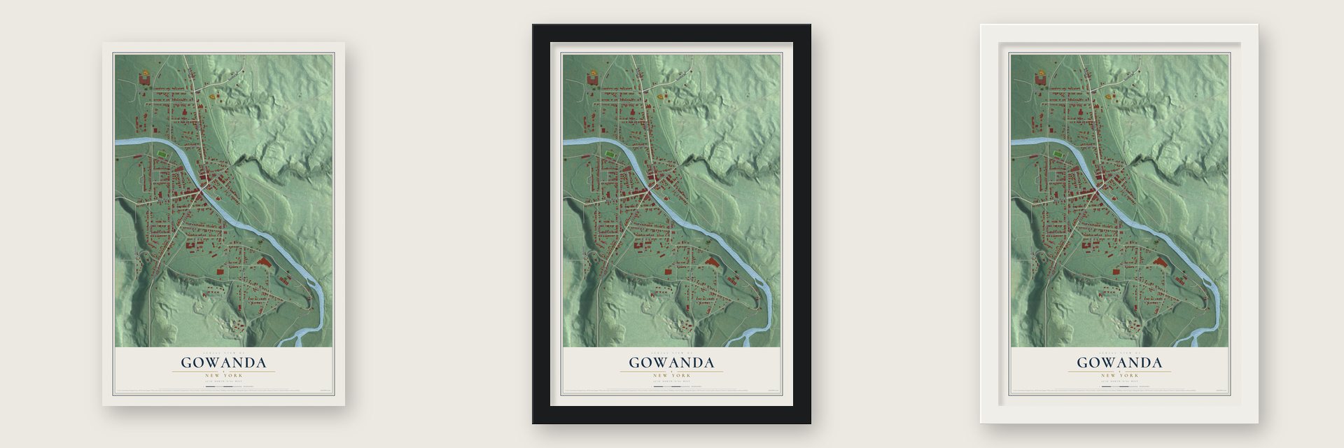 Gowanda, New York map unframed, in a black wood frame and in a white wood frame