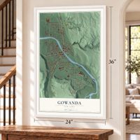 Gowanda, New York map, 24 x 36 inch print in a white frame by a staircase