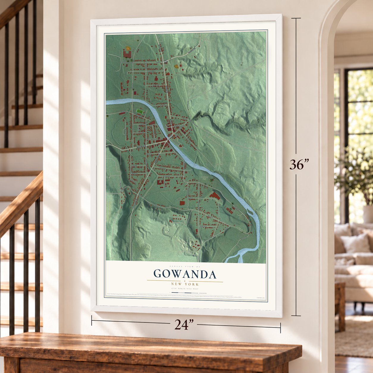 Gowanda, New York map, 24 x 36 inch print in a white frame by a staircase