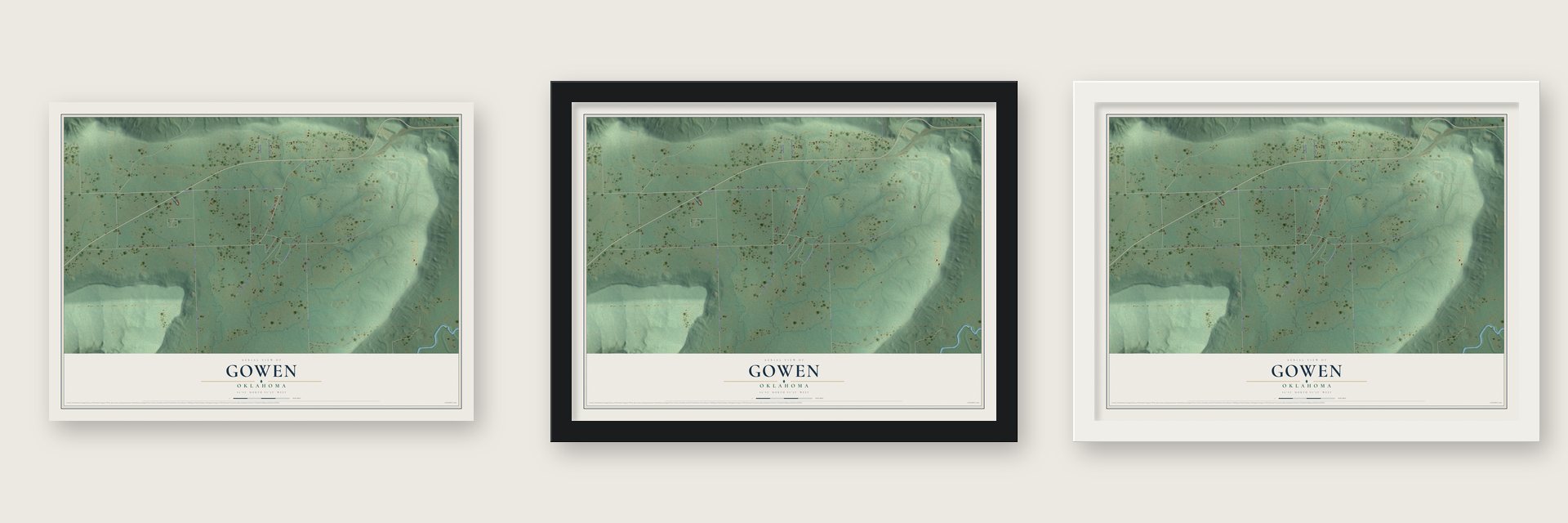Gowen, Oklahoma map unframed, in a black wood frame and in a white wood frame