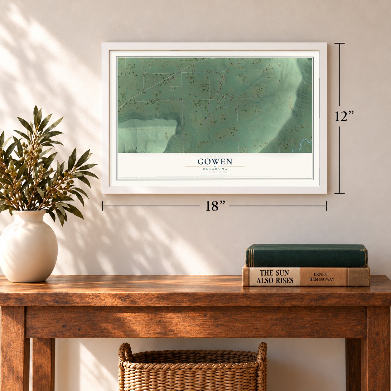 Gowen, Oklahoma map, 12 x 18 inch print in a white frame in an entryway
