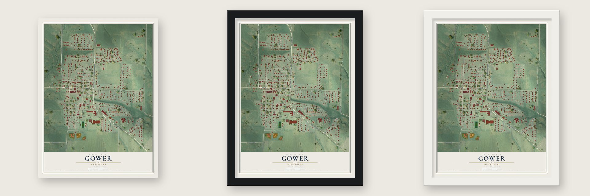 Gower, Missouri map unframed, in a black wood frame and in a white wood frame