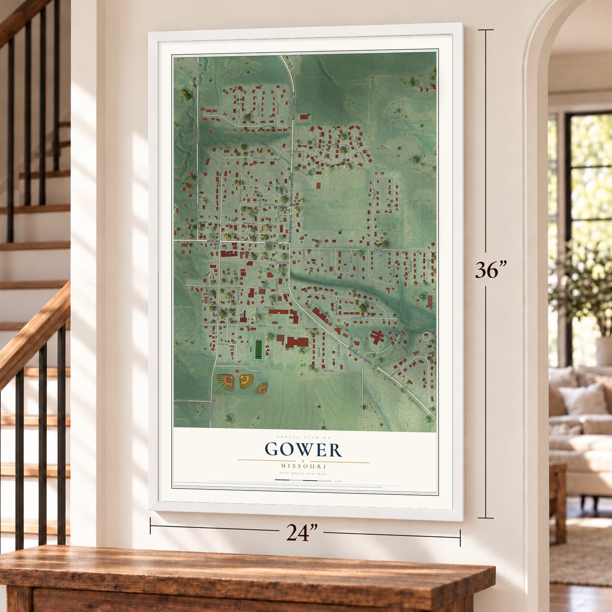 Gower, Missouri map, 24 x 36 inch print in a white frame by a staircase