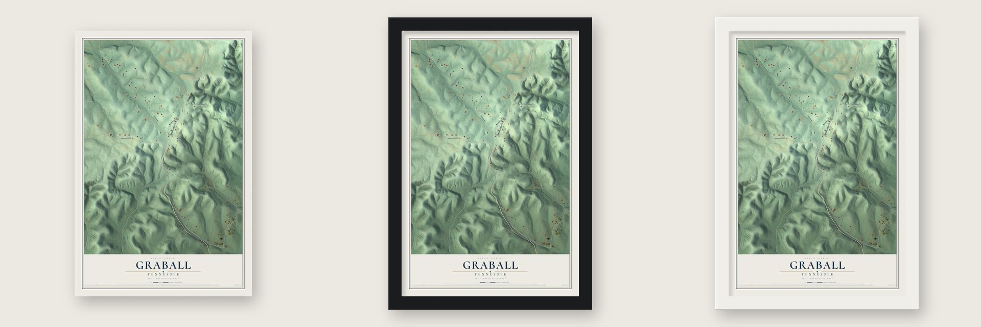 Graball, Tennessee map unframed, in a black wood frame and in a white wood frame