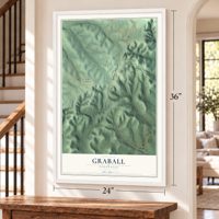 Graball, Tennessee map, 24 x 36 inch print in a white frame by a staircase
