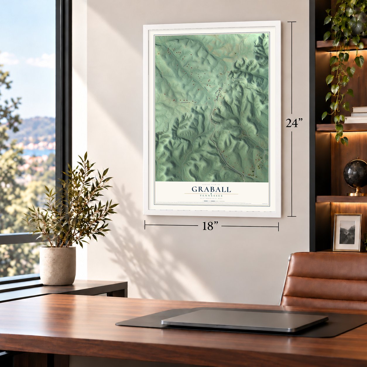 Graball, Tennessee map, 18 x 24 inch print in a white frame in a home office