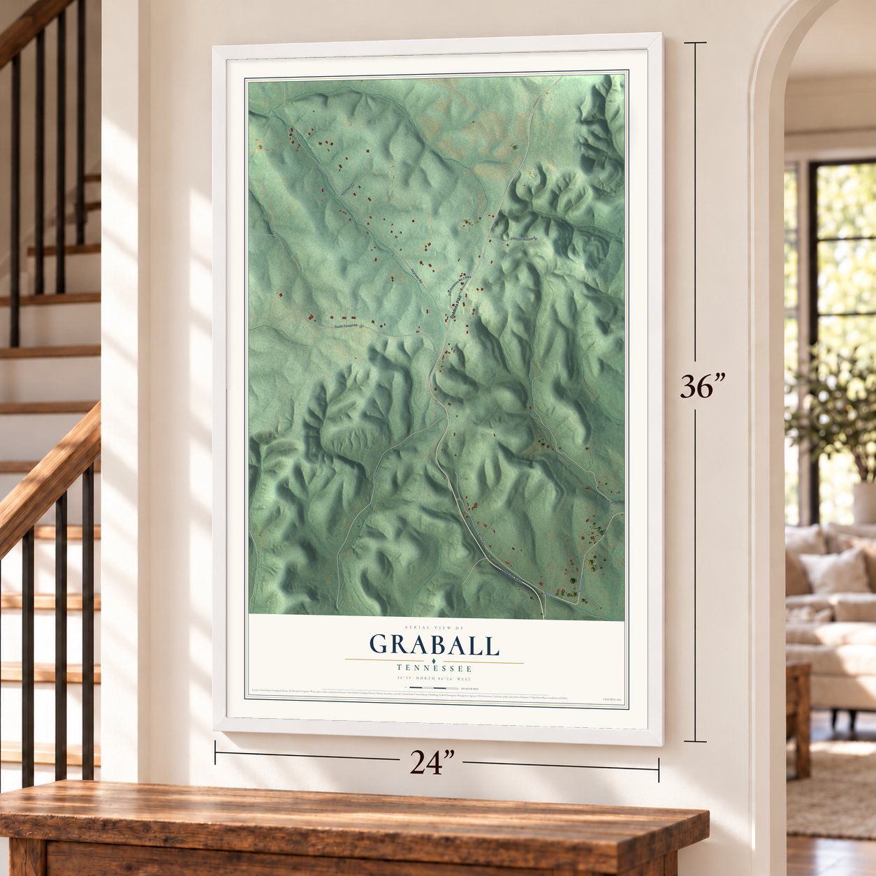 Graball, Tennessee map, 24 x 36 inch print in a white frame by a staircase