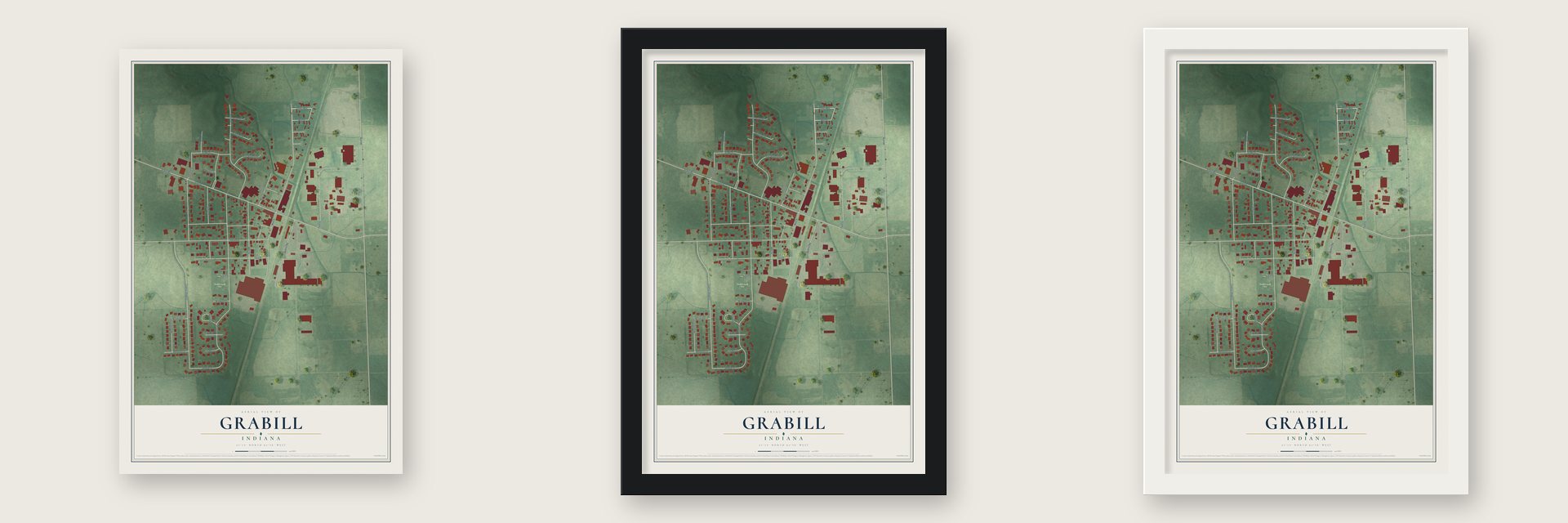 Grabill, Indiana map unframed, in a black wood frame and in a white wood frame