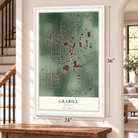 Grabill, Indiana map, 24 x 36 inch print in a white frame by a staircase