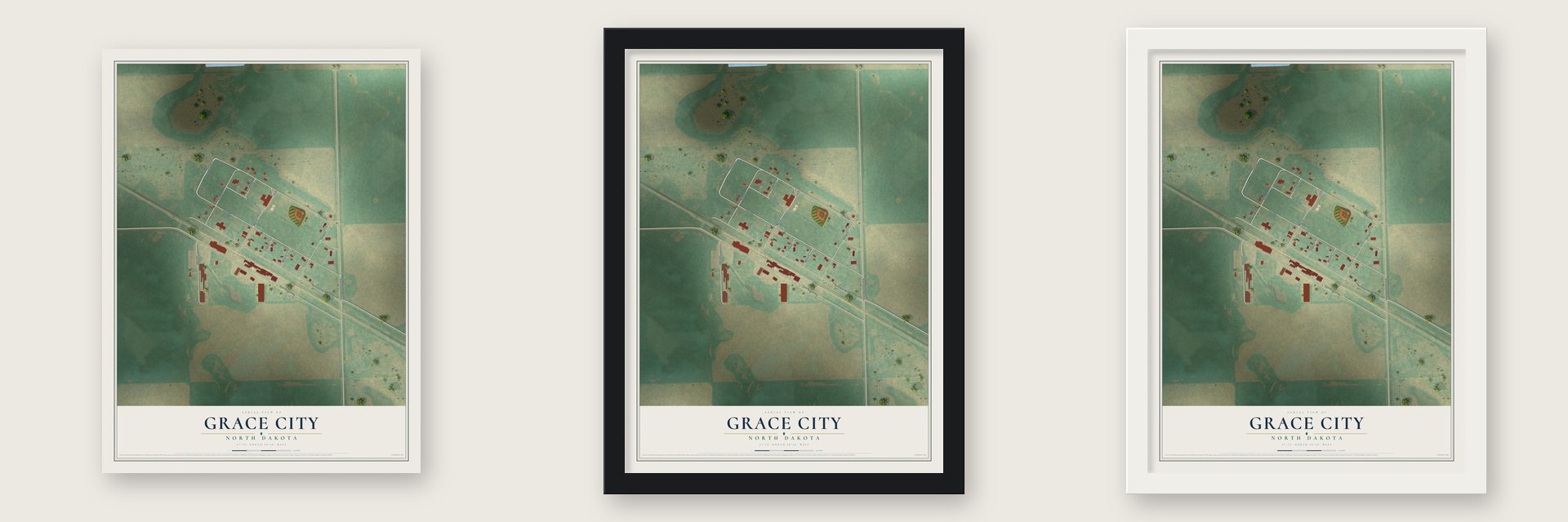 Grace City, North Dakota map unframed, in a black wood frame and in a white wood frame