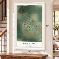 Grace City, North Dakota map, 24 x 36 inch print in a white frame by a staircase