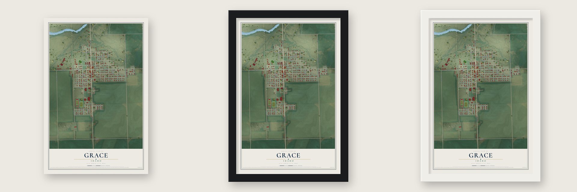 Grace, Idaho map unframed, in a black wood frame and in a white wood frame
