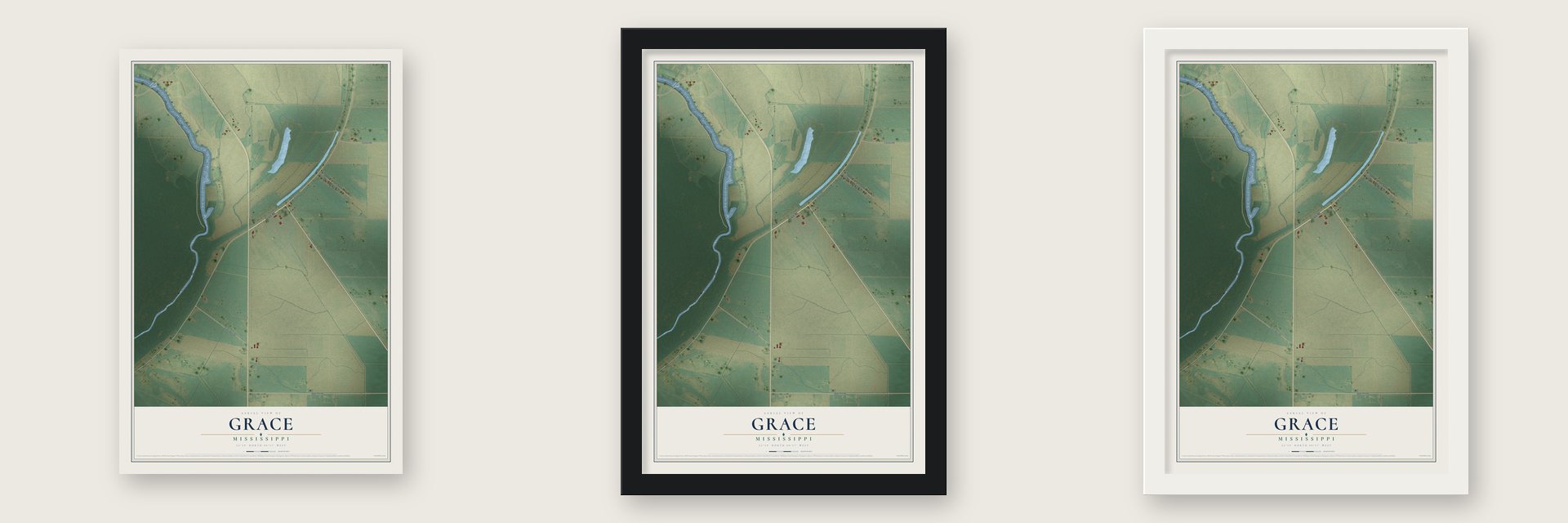 Grace, Mississippi map unframed, in a black wood frame and in a white wood frame