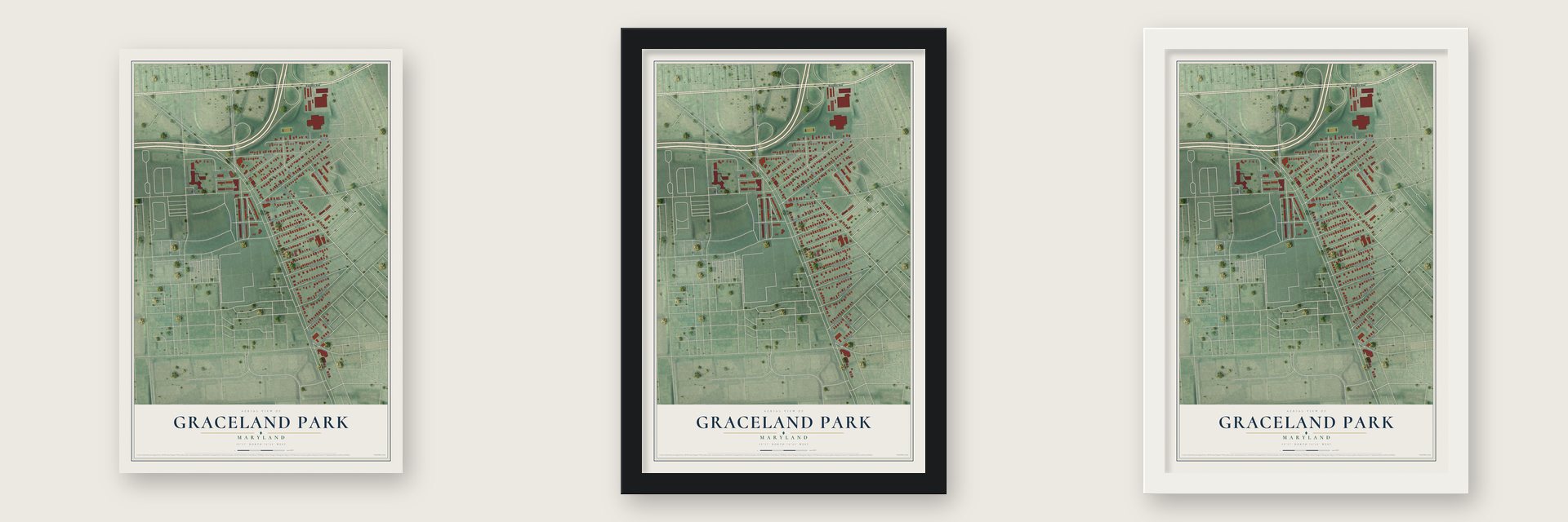 Graceland Park, Maryland map unframed, in a black wood frame and in a white wood frame