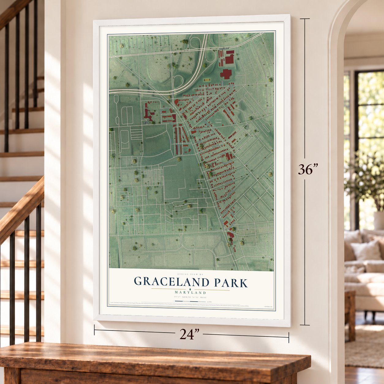 Graceland Park, Maryland map, 24 x 36 inch print in a white frame by a staircase