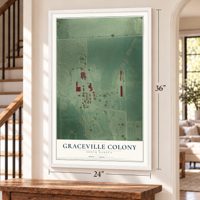 Graceville Colony, South Dakota map, 24 x 36 inch print in a white frame by a staircase