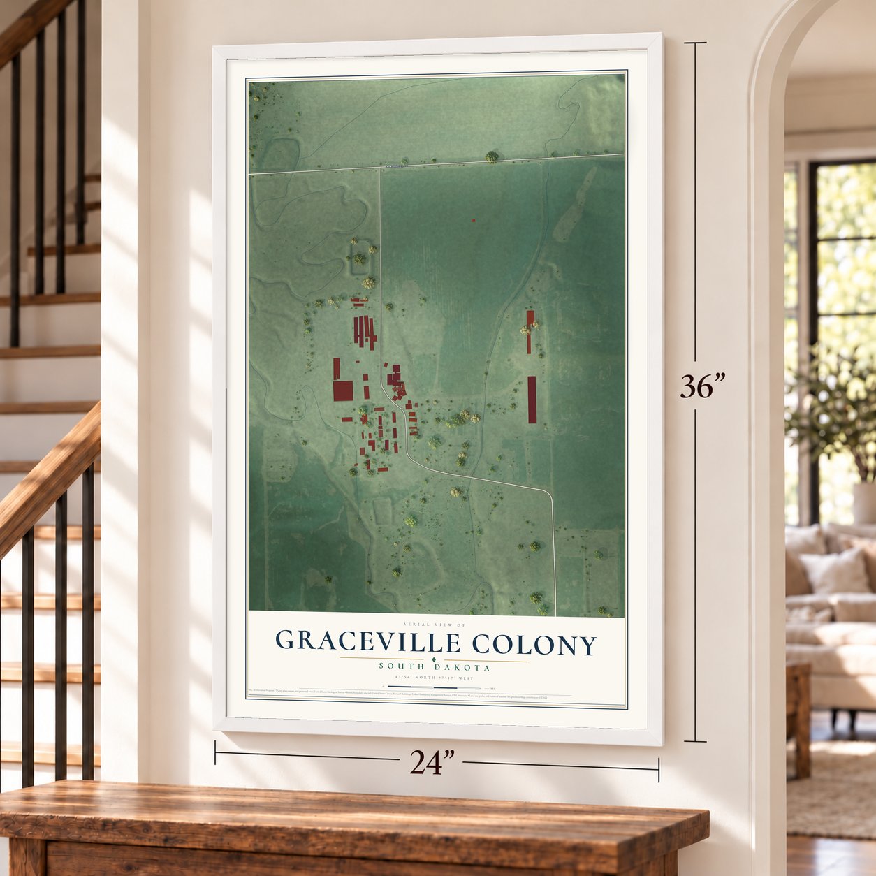 Graceville Colony, South Dakota map, 24 x 36 inch print in a white frame by a staircase