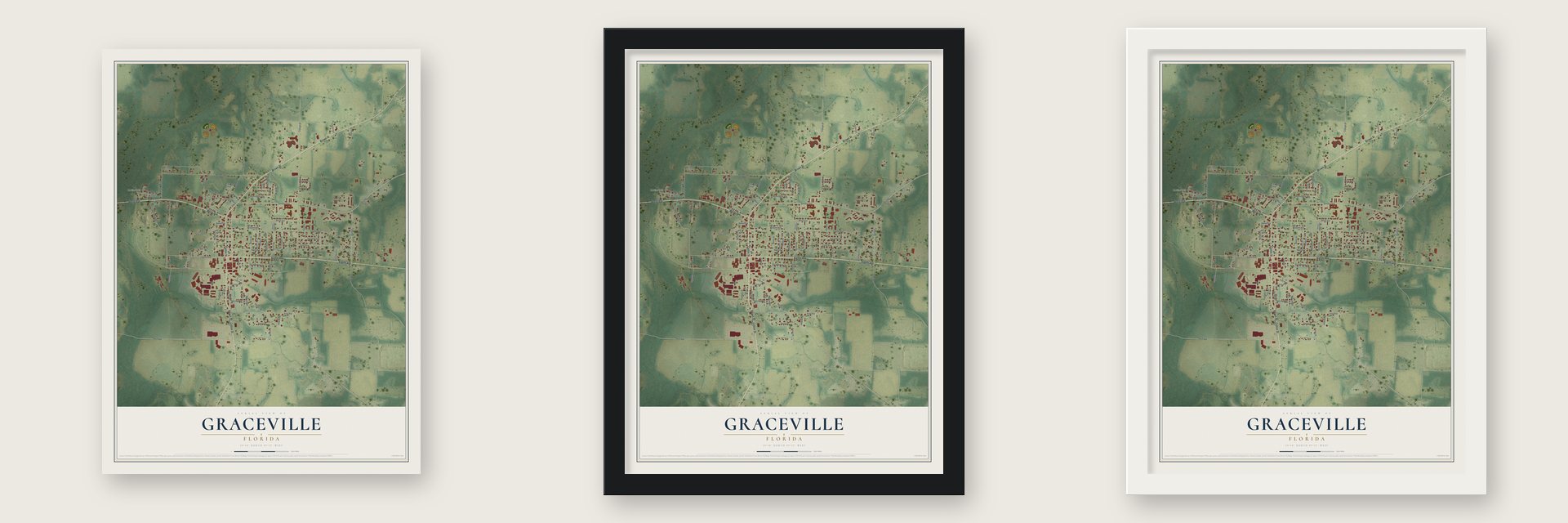 Graceville, Florida map unframed, in a black wood frame and in a white wood frame