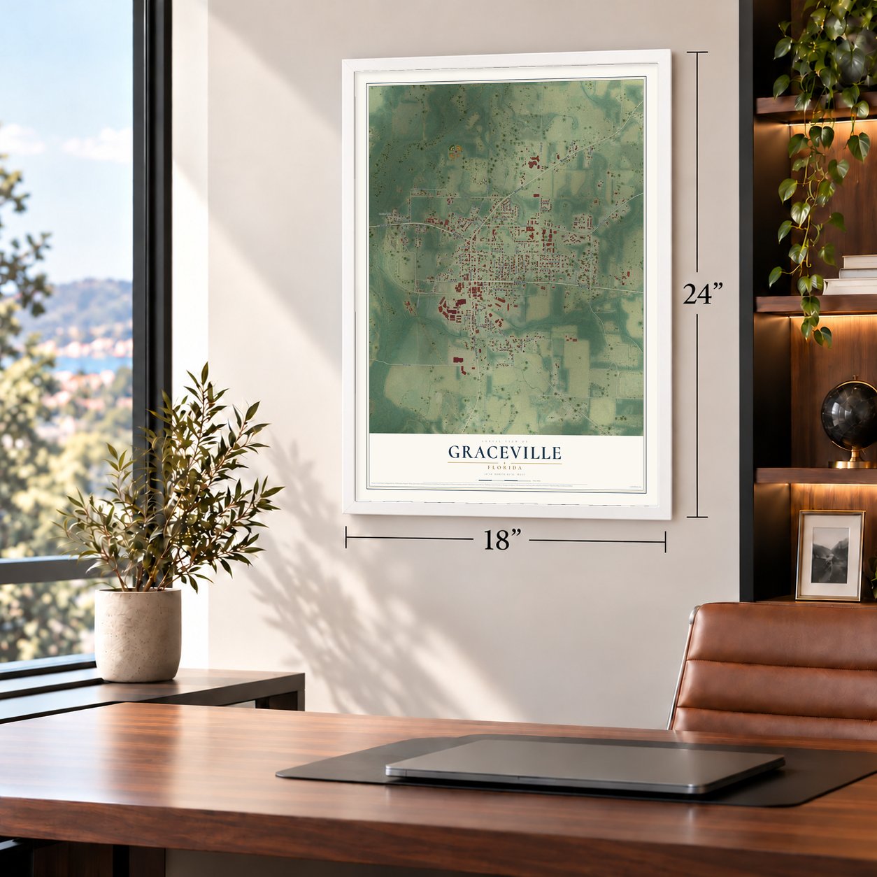 Graceville, Florida map, 18 x 24 inch print in a white frame in a home office