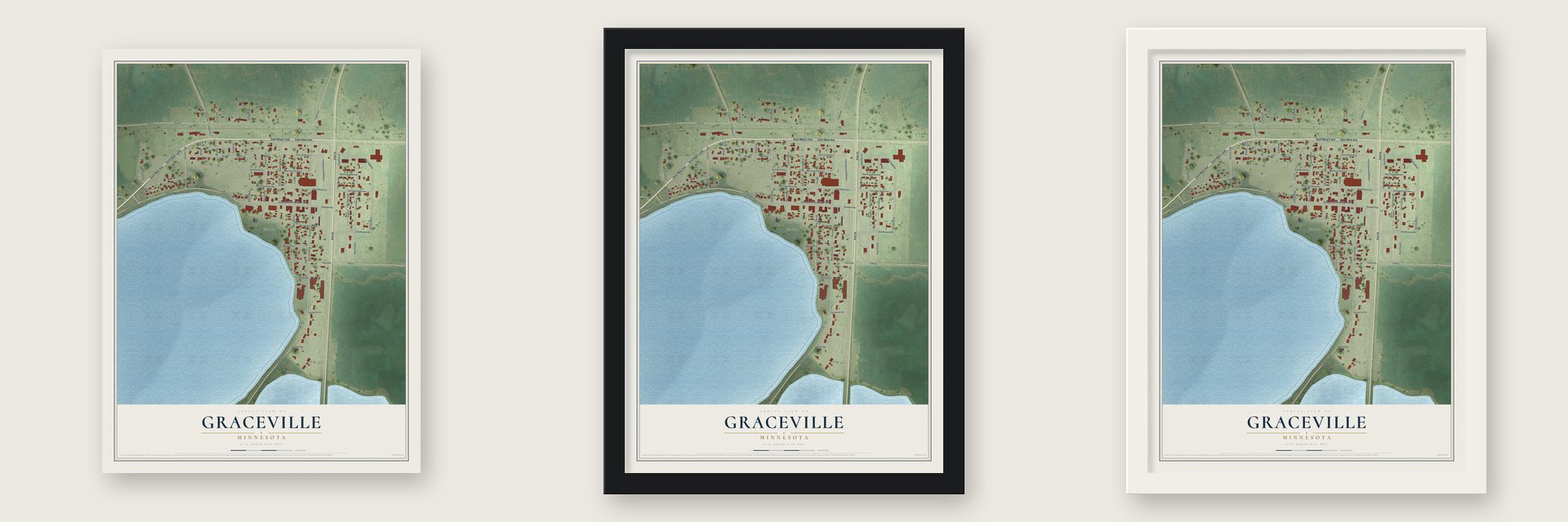 Graceville, Minnesota map unframed, in a black wood frame and in a white wood frame