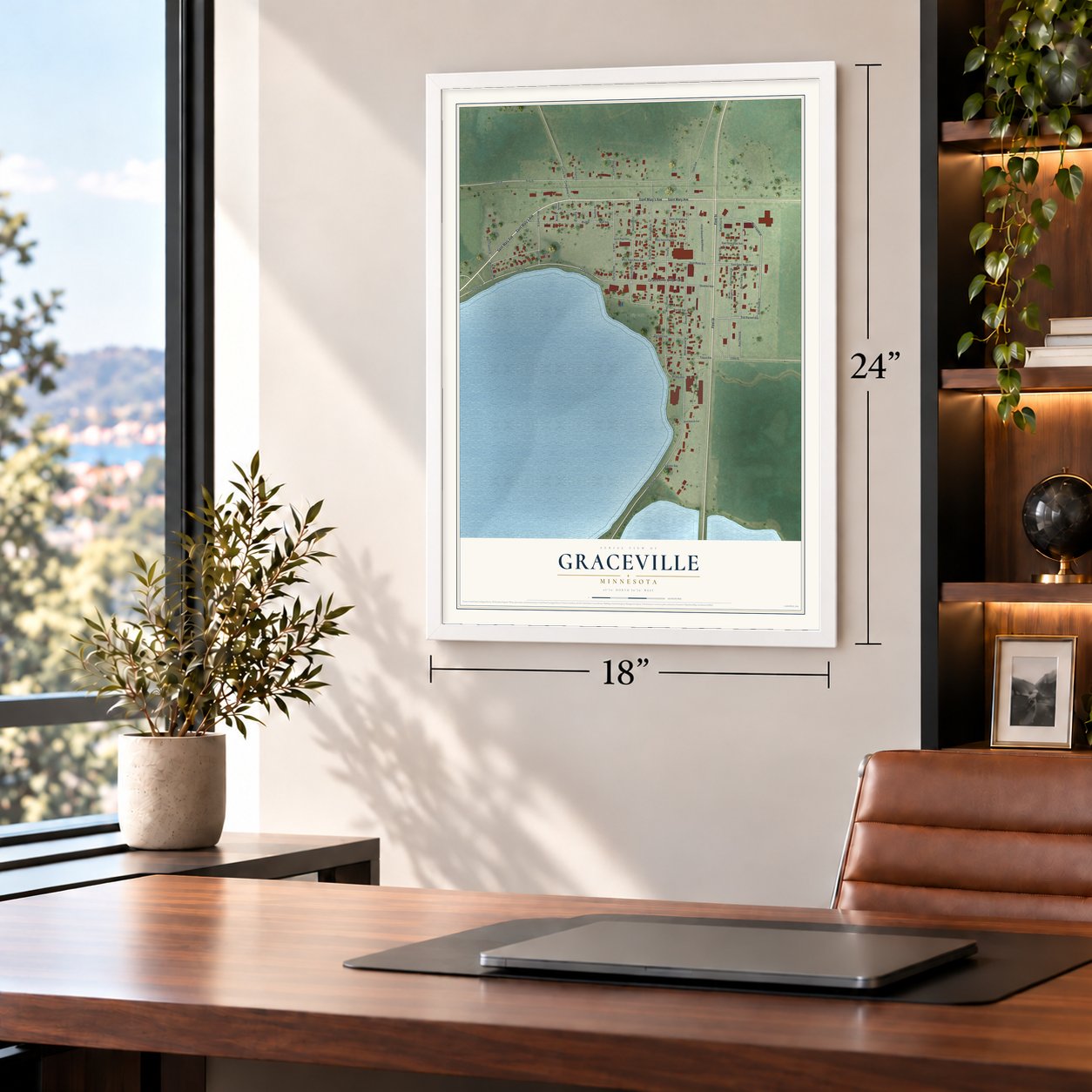 Graceville, Minnesota map, 18 x 24 inch print in a white frame in a home office