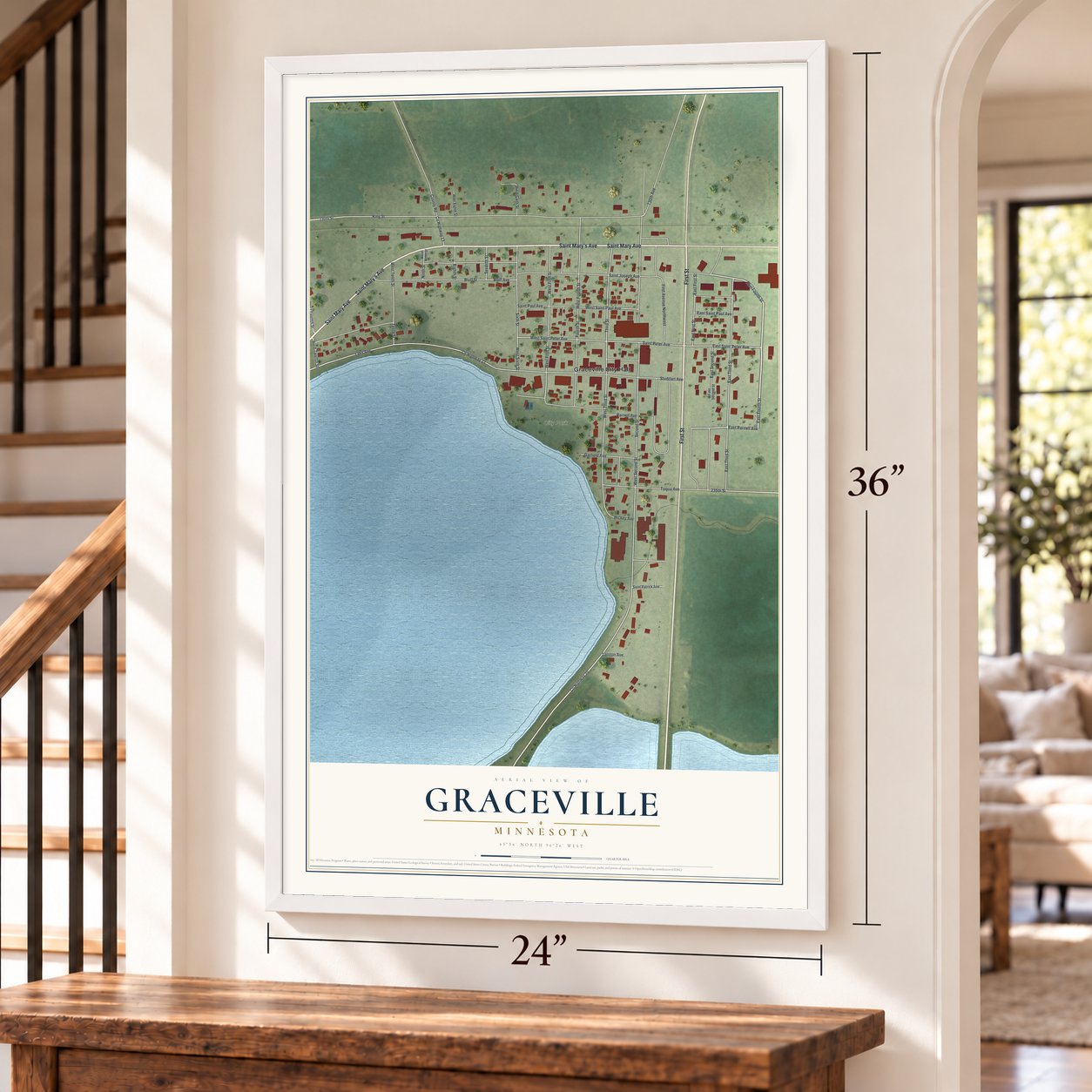 Graceville, Minnesota map, 24 x 36 inch print in a white frame by a staircase