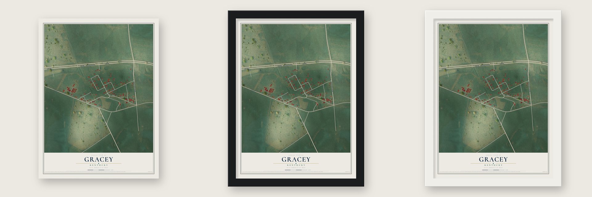 Gracey, Kentucky map unframed, in a black wood frame and in a white wood frame