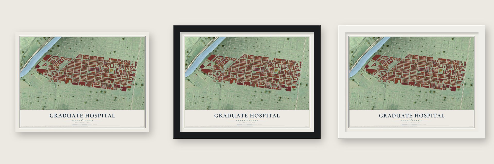 Graduate Hospital, Pennsylvania map unframed, in a black wood frame and in a white wood frame