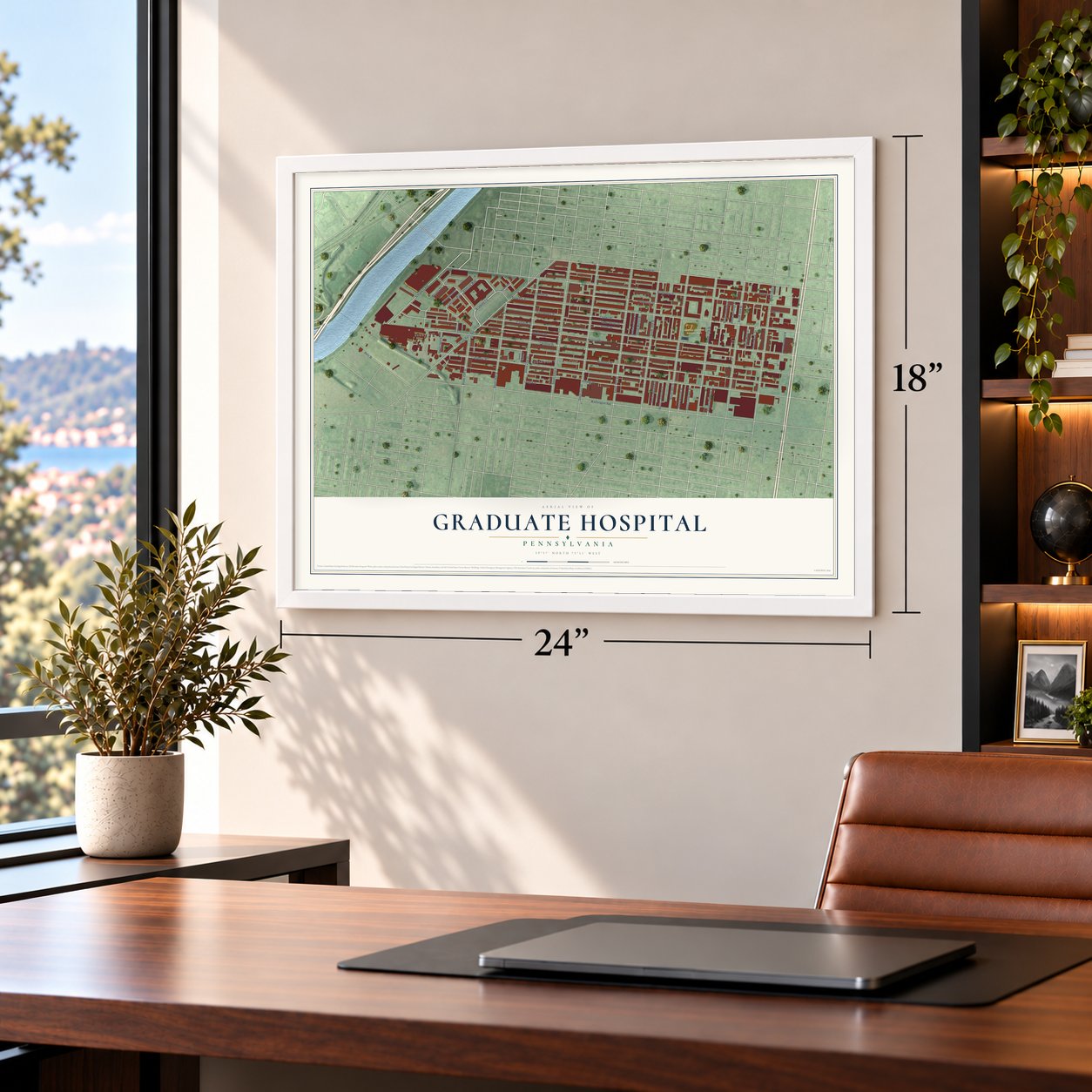 Graduate Hospital, Pennsylvania map, 18 x 24 inch print in a white frame in a home office
