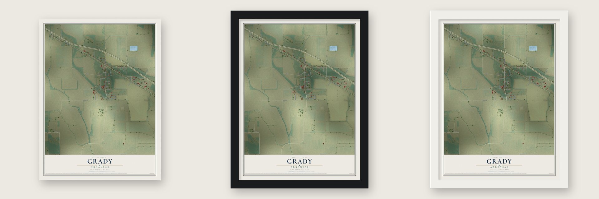 Grady, Arkansas map unframed, in a black wood frame and in a white wood frame