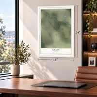Grady, Arkansas map, 18 x 24 inch print in a white frame in a home office