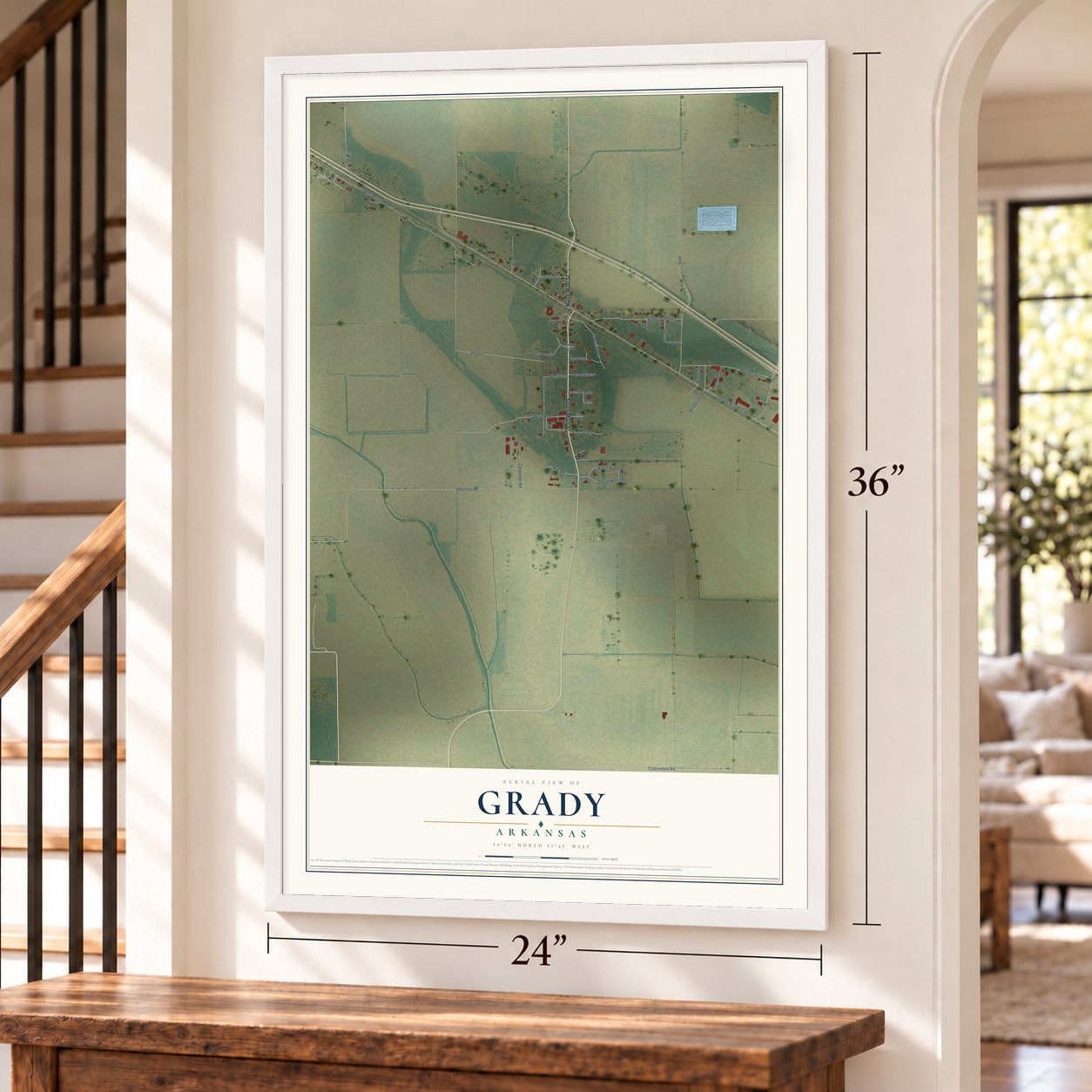 Grady, Arkansas map, 24 x 36 inch print in a white frame by a staircase