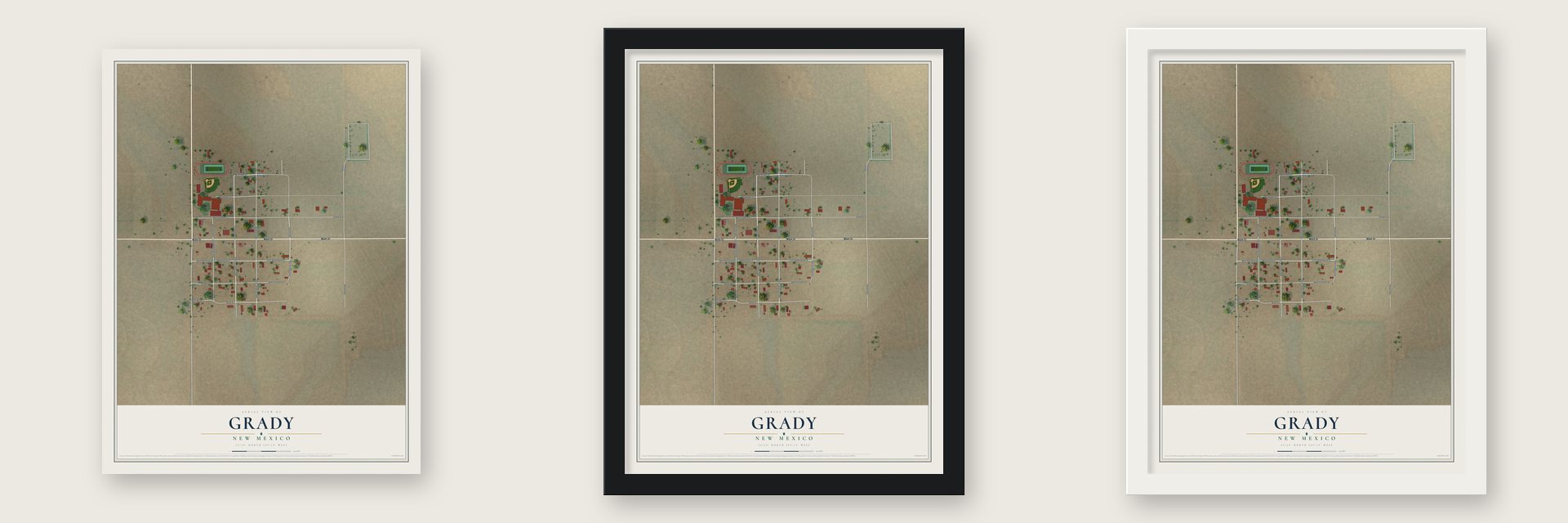 Grady, New Mexico map unframed, in a black wood frame and in a white wood frame