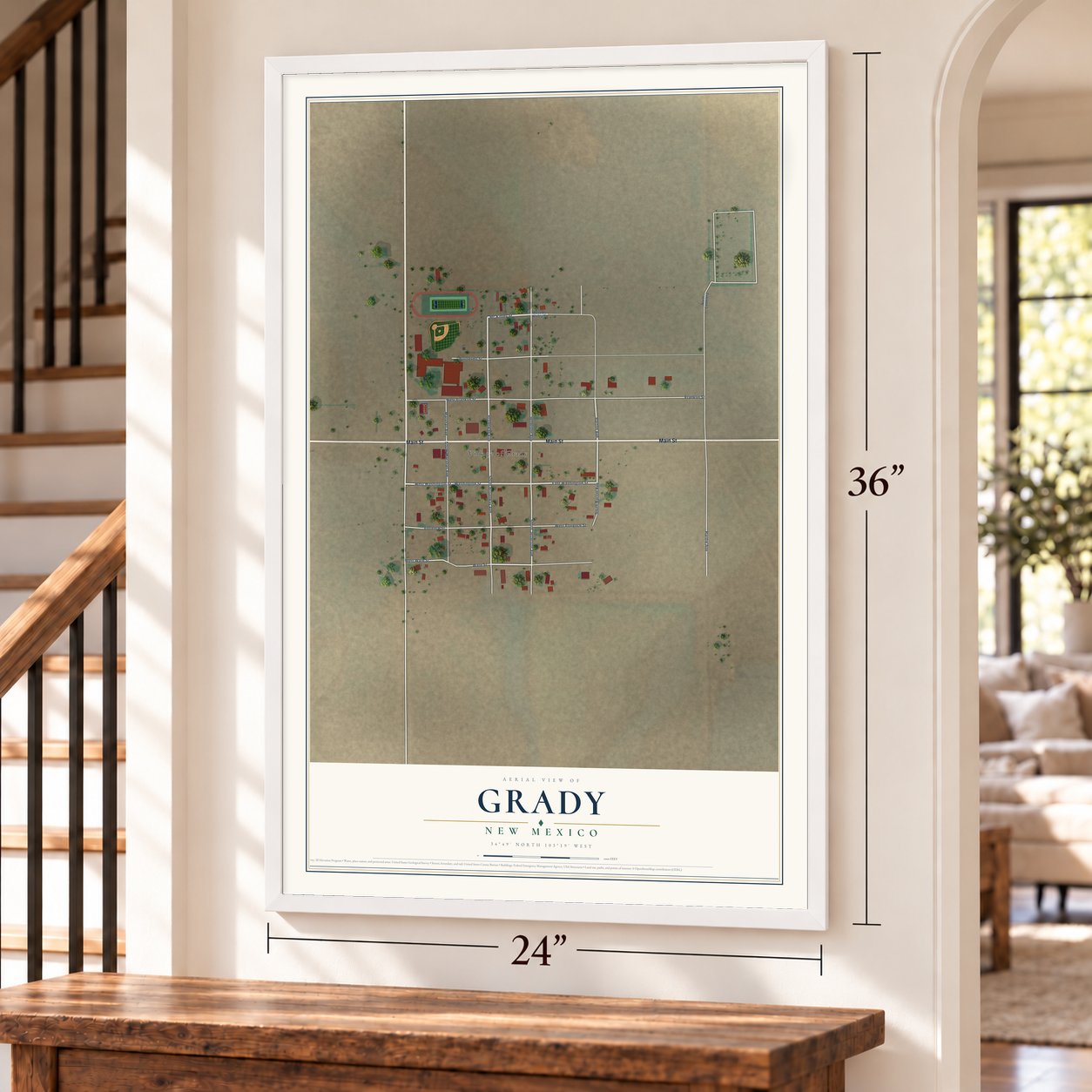 Grady, New Mexico map, 24 x 36 inch print in a white frame by a staircase