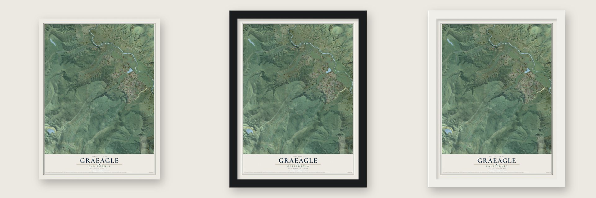 Graeagle, California map unframed, in a black wood frame and in a white wood frame