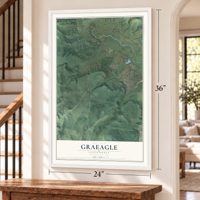 Graeagle, California map, 24 x 36 inch print in a white frame by a staircase