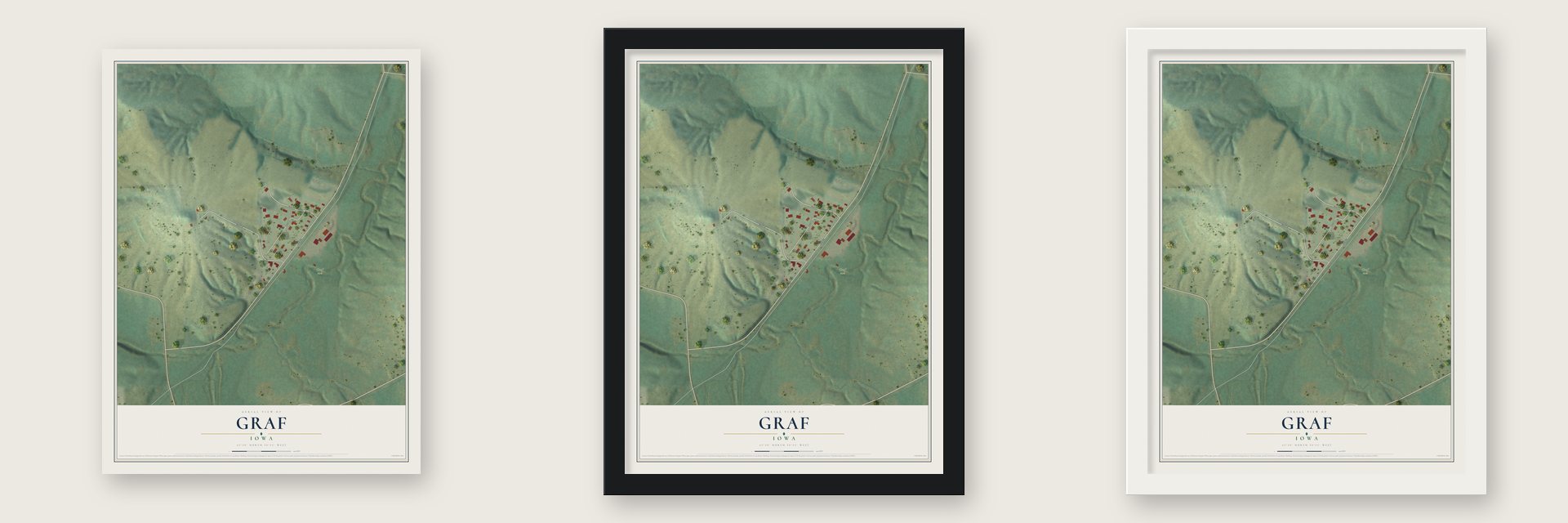 Graf, Iowa map unframed, in a black wood frame and in a white wood frame