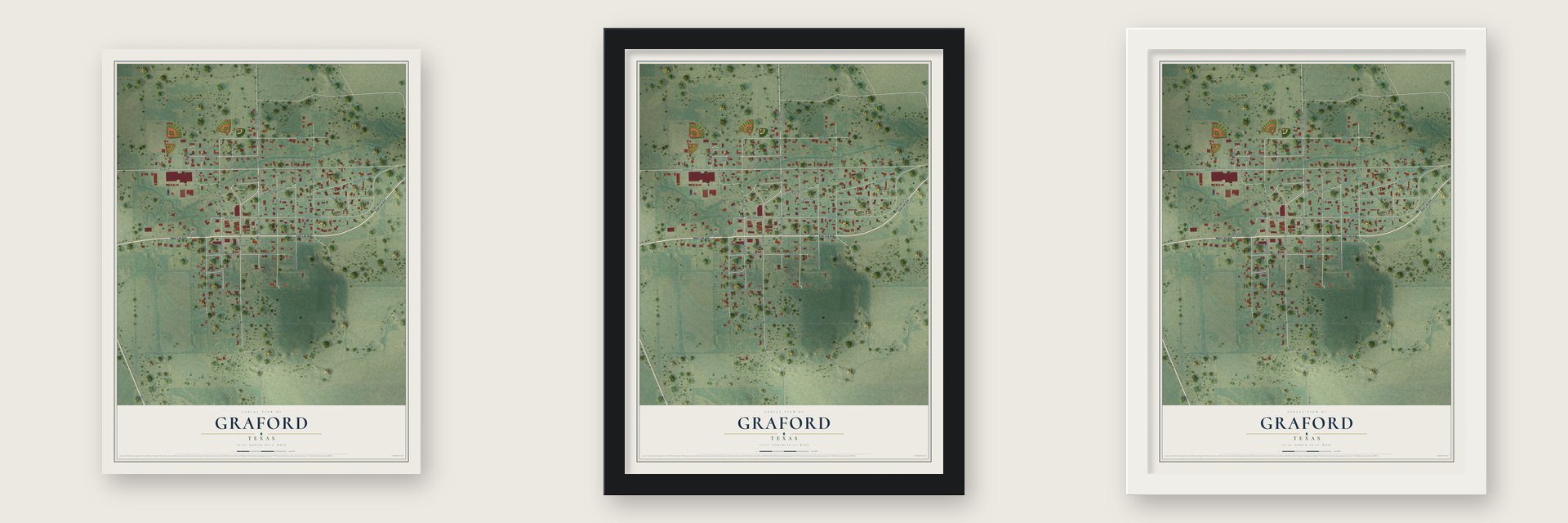 Graford, Texas map unframed, in a black wood frame and in a white wood frame
